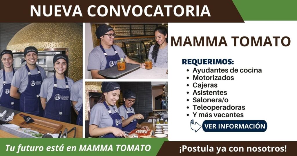 MAMMA TOMATO requiere de cocineros, cajeros, motorizados, saloneros, otros
